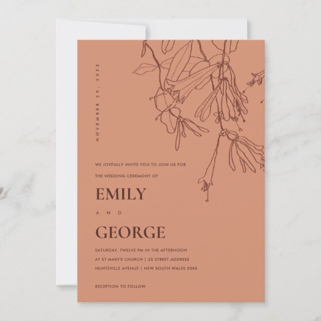 ORANGE RUST LINE DRAWING FLORAL WEDDING INVITE (Front)