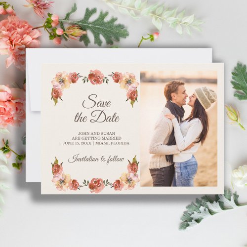 Orange Rust Peach Watercolor Floral Photo Save The Date