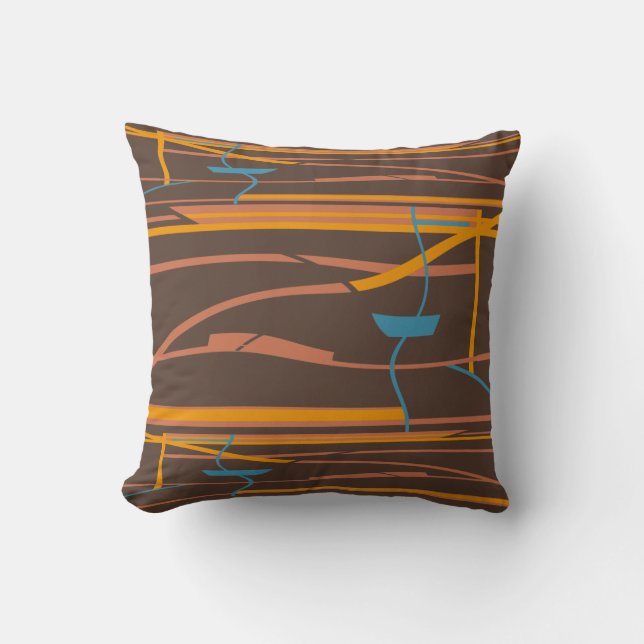 Orange Rust Turquoise Lines on Brown Abstract Art Throw Pillow (Front)