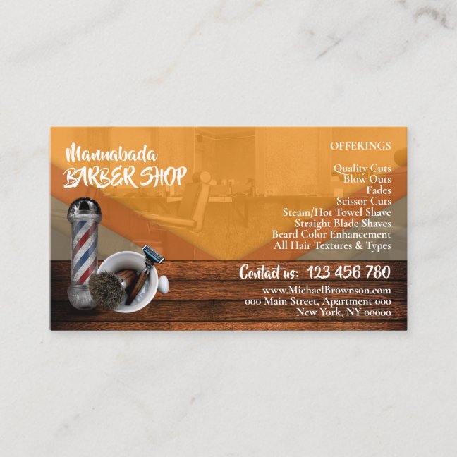 Orange Rustic Barber shop Razor Business Card