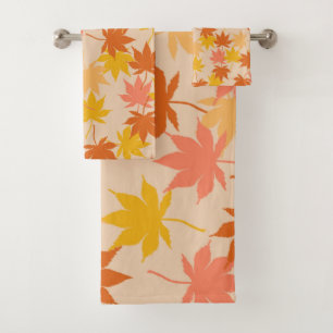 Orange Rustic Botanical Maple Leaves Pattern Fall Bath Towel Set