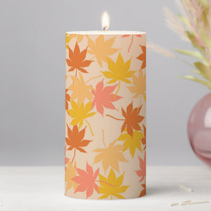 Orange Rustic Botanical Maple Leaves Pattern Fall Pillar Candle