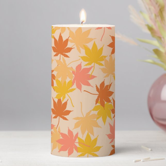 Orange Rustic Botanical Maple Leaves Pattern Fall Pillar Candle (In Situ)