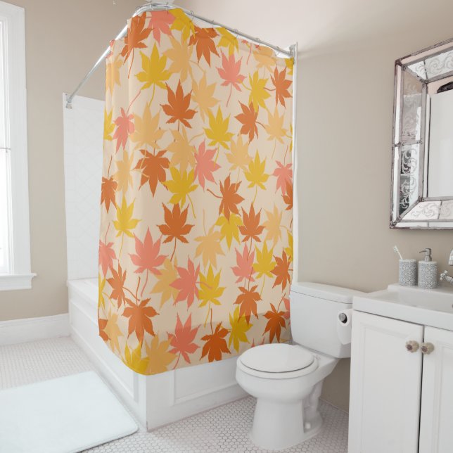 Orange Rustic Botanical Maple Leaves Pattern Shower Curtain (In Situ)