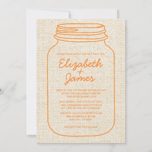 Orange Rustic Burlap Mason Jar Wedding Invitations