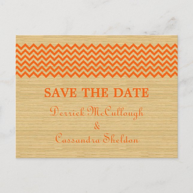 Orange Rustic Chevron Save the Date Postcard (Front)