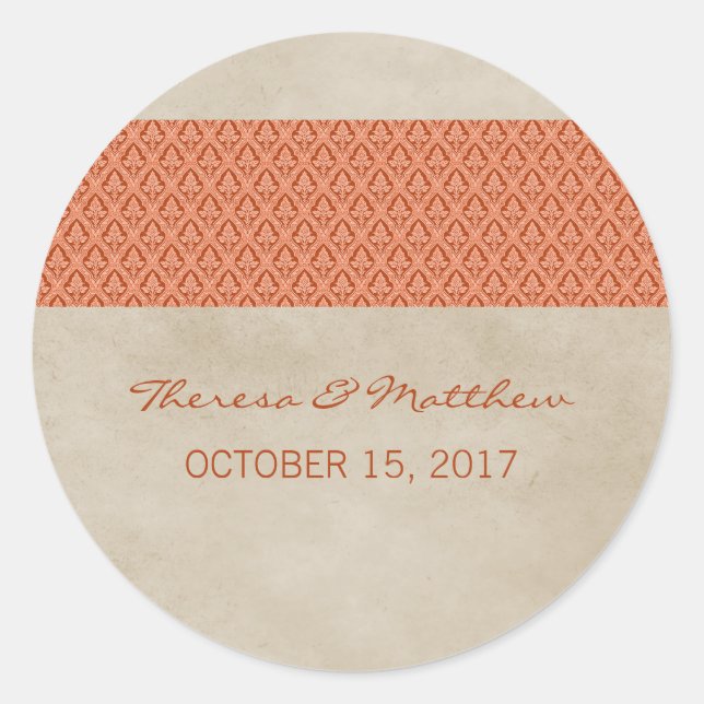 Orange Rustic Damask Wedding Stickers (Front)