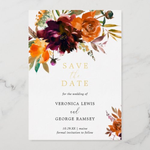Orange Rustic Floral Elegant Wedding Save the Date Foil Invitation