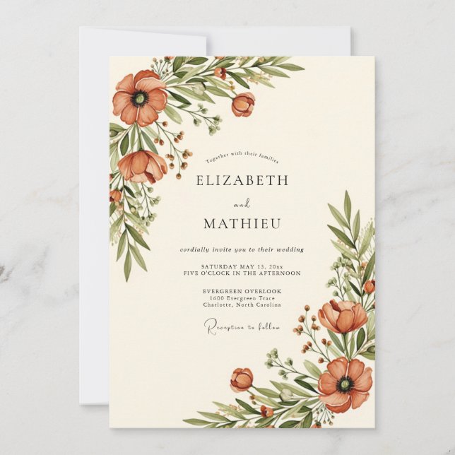 Orange Rustic Floral Wedding Invitation (Front)