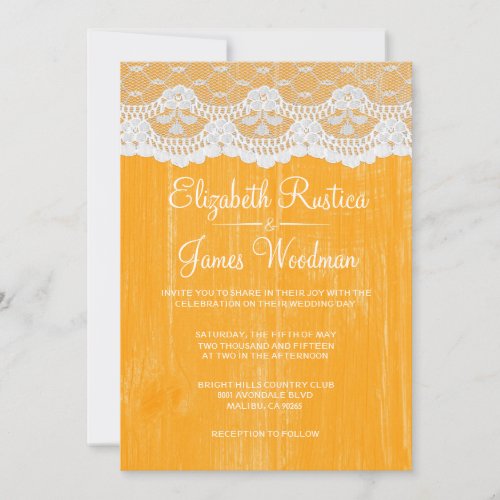 Orange Rustic Lace &amp; Barn Wood Wedding Invitations
