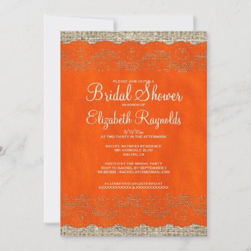Orange Rustic Lace Bridal Shower Invitations