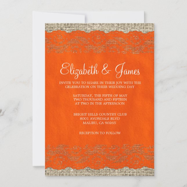 Orange Rustic Lace Wedding Invitations (Front)