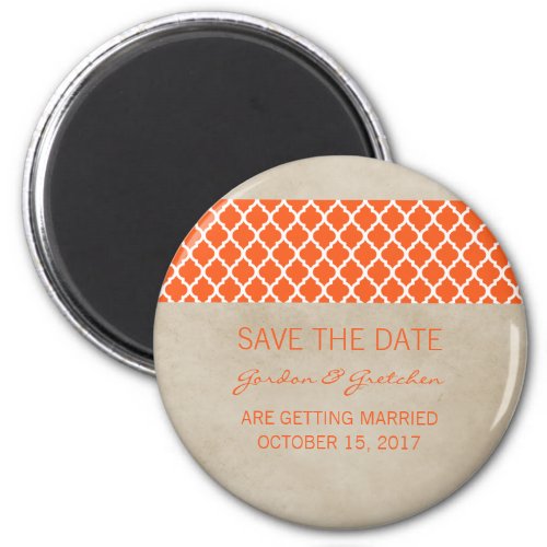 Orange Rustic Quatrefoil Save the Date Magnet