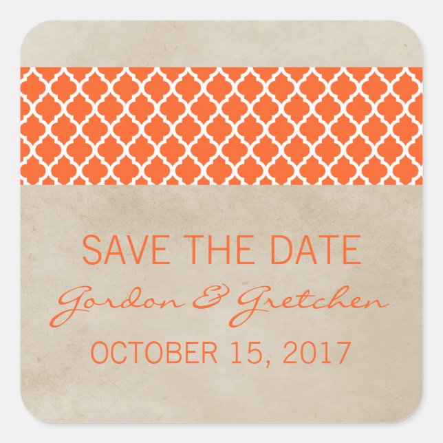 Orange Rustic Quatrefoil Save the Date Stickers (Front)