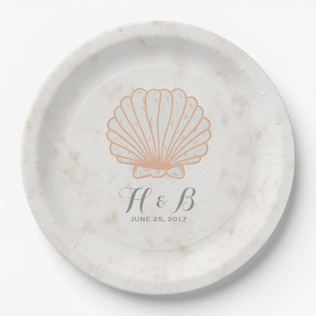 Orange Rustic Seashell Wedding Paper Plates (Front)