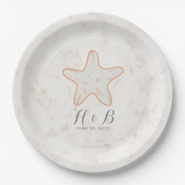 Orange Rustic Starfish Wedding Paper Plates (Front)