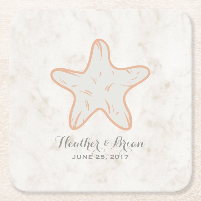 Orange Rustic Starfish Wedding Square Paper Coaster (Front)