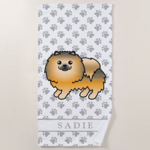 Orange Sable Pomeranian Cute Cartoon Dog & Name Beach Towel
