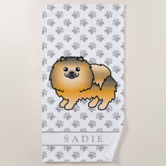 Orange Sable Pomeranian Cute Cartoon Dog &amp; Name Beach Towel