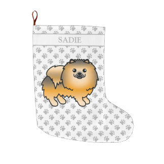 Orange Sable Pomeranian Cute Cartoon Dog &amp; Name Large Christmas Stocking