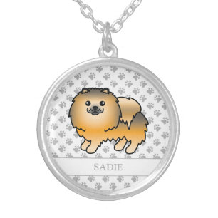 Orange Sable Pomeranian Cute Cartoon Dog & Name Silver Plated Necklace