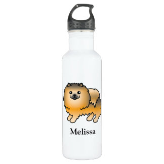 Orange Sable Pomeranian Cute Cartoon Dog &amp; Name Stainless Steel Water Bottle