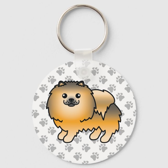 Orange Sable Pomeranian Cute Cartoon Dog & Paws Keychain (Front)