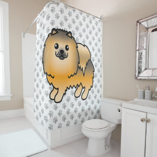 Orange Sable Pomeranian Cute Cartoon Dog &amp; Paws Shower Curtain