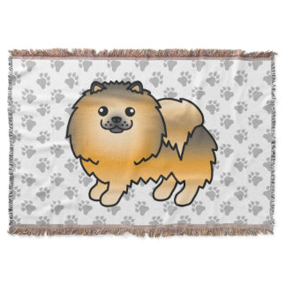 Orange Sable Pomeranian Cute Cartoon Dog &amp; Paws Throw Blanket