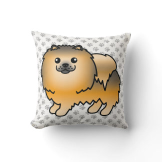 Orange Sable Pomeranian Cute Cartoon Dog &amp; Paws Throw Pillow
