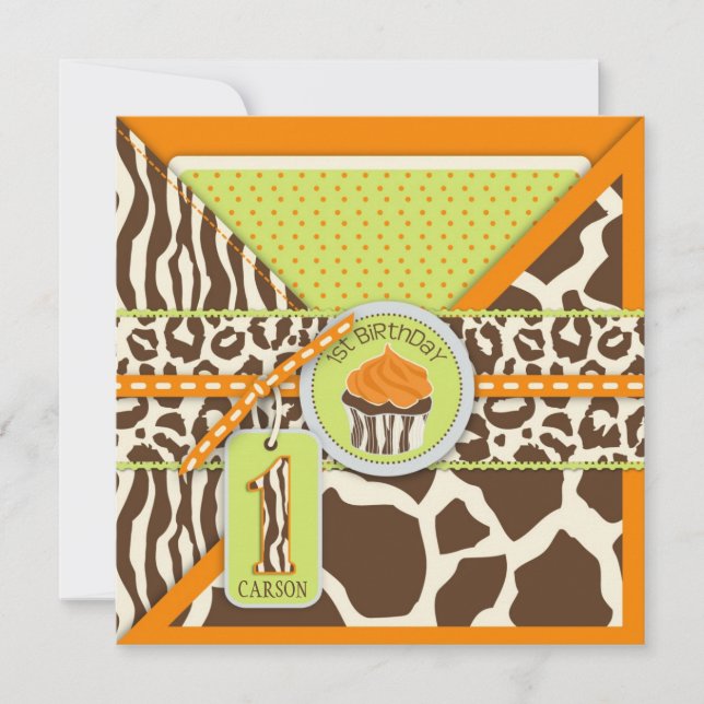 Orange Safari & Cupcake First Birthday Invitation (Front)