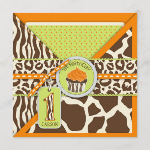 Orange Safari & Cupcake First Birthday Invitation