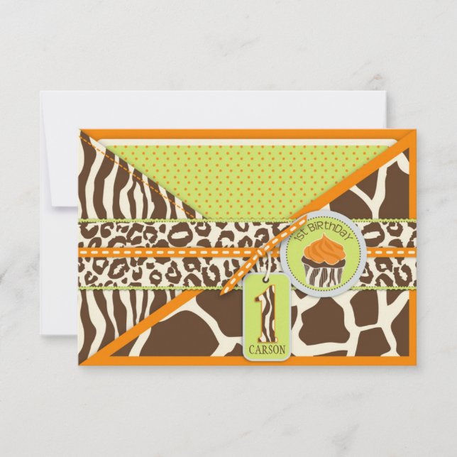 Orange Safari & Cupcake First Birthday RSVP Card (Front)