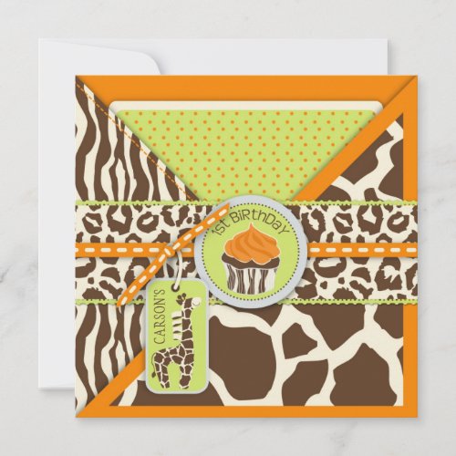 Orange Safari Giraffe &amp; Cupcake First Birthday Invitations