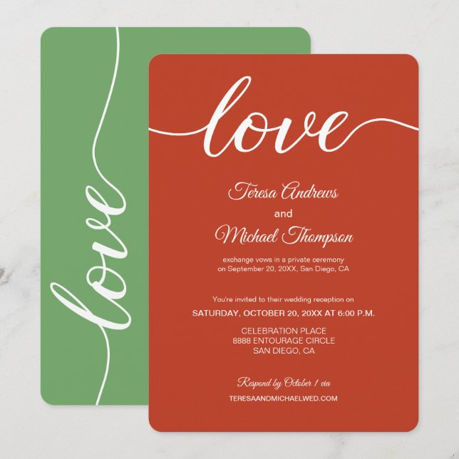Orange Sage green Elopement wedding reception  Invitation (Front/Back)