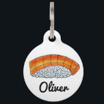 Orange Salmon Nigiri Raw Fish Sushi Japanese Food Pet Name Tag<br><div class="desc">Pet tag features an original marker illustration of a piece of salmon nigiri sushi. Simply personalize with your pet's name and your contact information for a one-of-a-kind dog or cat tag. This illustration is also available on other products. Don't see what you're looking for? Need help with customization? Contact Rebecca...</div>