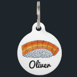 Orange Salmon Nigiri Raw Fish Sushi Japanese Food Pet Name Tag<br><div class="desc">Pet tag features an original marker illustration of a piece of salmon nigiri sushi. Simply personalize with your pet's name and your contact information for a one-of-a-kind dog or cat tag. This illustration is also available on other products. Don't see what you're looking for? Need help with customization? Contact Rebecca...</div>