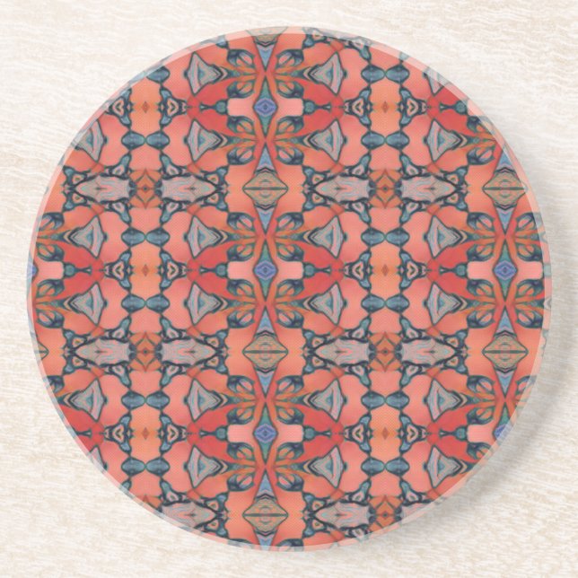 Orange salmon red pink geometric  ceramic tile coaster (Front)