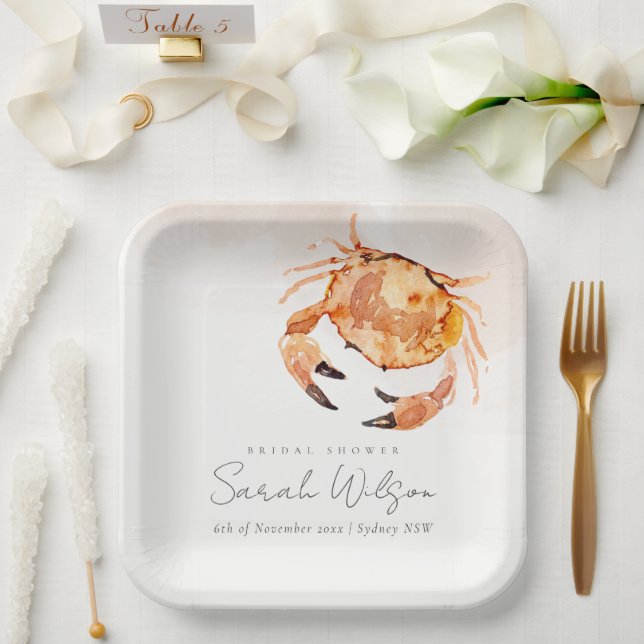 Orange Sand Coastal Crab Nautical Bridal Shower Paper Plates (Wedding)