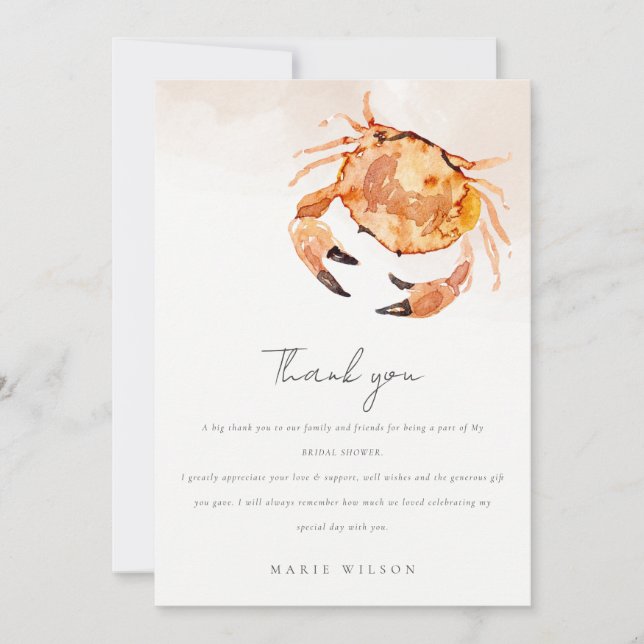 Orange Sand Coastal Crab Nautical Bridal Shower Thank You Card (Front)