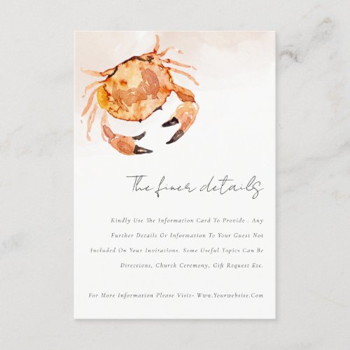 Orange Sand Coastal Crab Nautical Wedding Details Enclosure Card