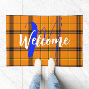Orange Scottish Tartan Plaid Name Monogrammed Doormat