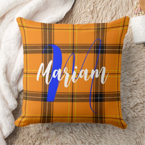 Orange Scottish Tartan Plaid Name Monogrammed Throw Pillow