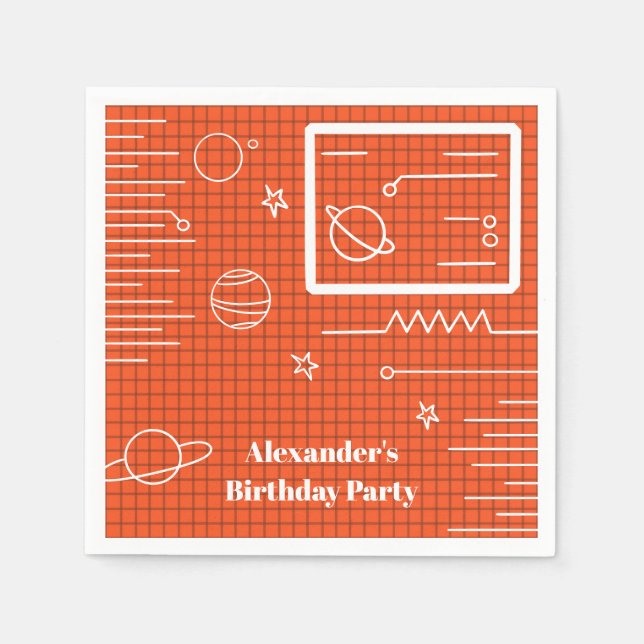 Orange Screen Spaceship Space Theme Birthday Napkins (Front)