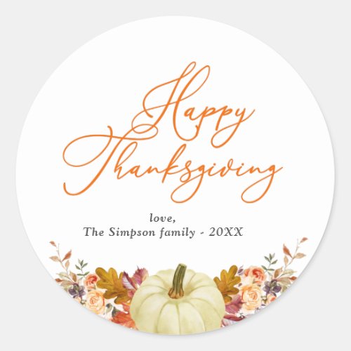orange script happy thanksgiving  classic round sticker
