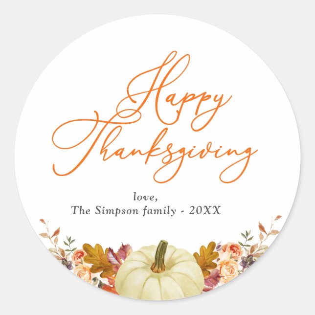 orange script happy thanksgiving  classic round sticker (Front)