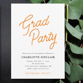 Orange Script Simple Budget Grad Party Invitation by daisylin712 at Zazzle
