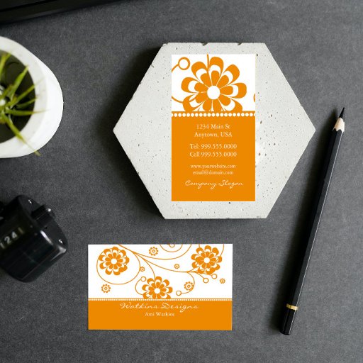 Customizable Orange Scroll Blooms Business Card