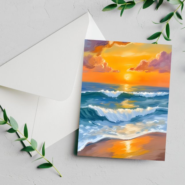 Orange Sea Sunset Watercolor Ocean Painted Card (Creator Uploaded)