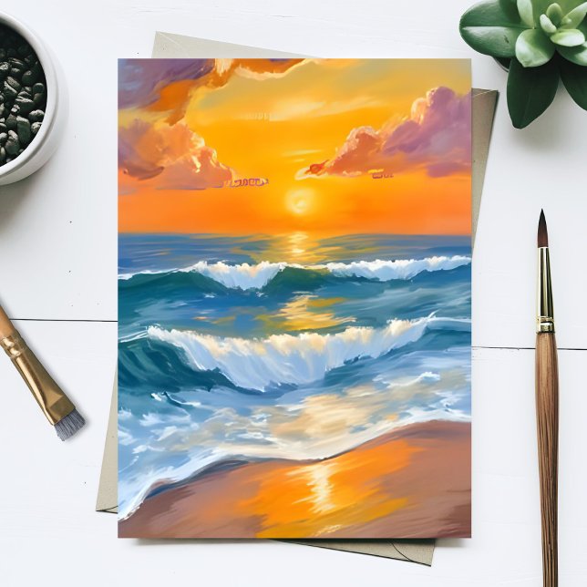 Orange Sea Sunset Watercolor Ocean Waves Painted Postcard (Creator Uploaded)